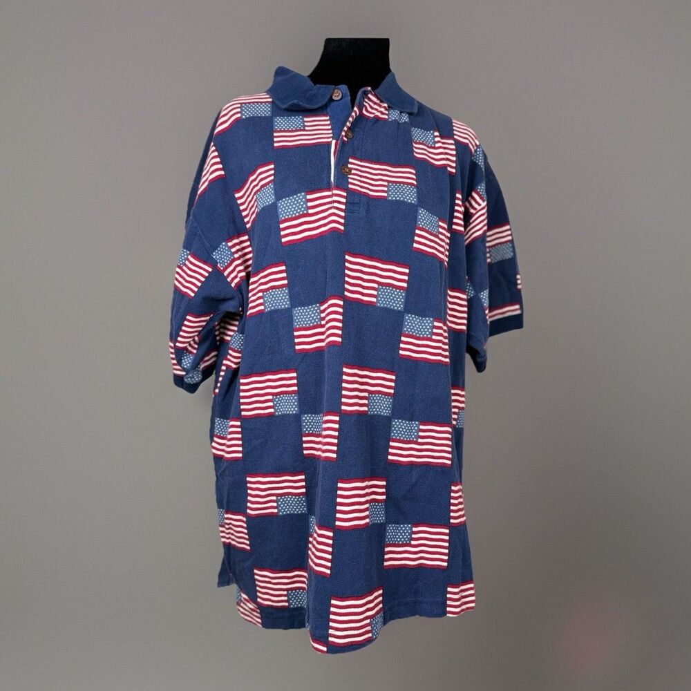 American Impact Polo Shirt XL Patriotic USA Flag All Over Print Red White Blue
